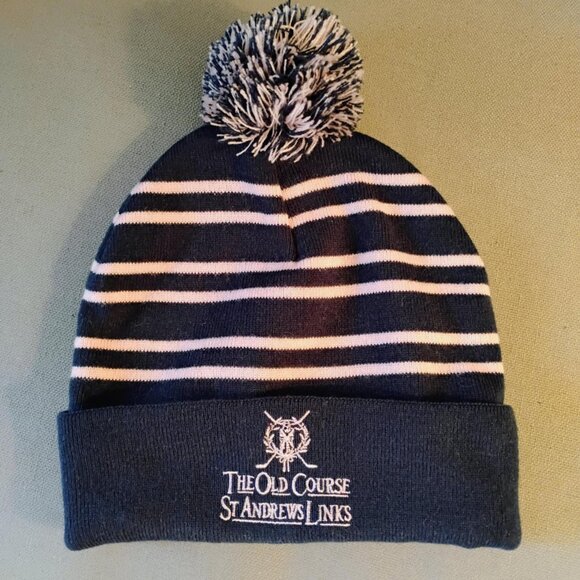 NWOT St. Andrews Old Course navy and pink pom beanie